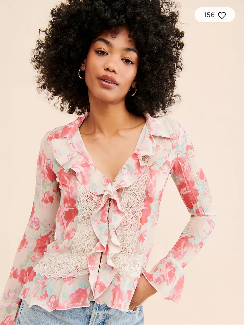 Free People Pink Floral Ruffled Lace-Trim Blouse